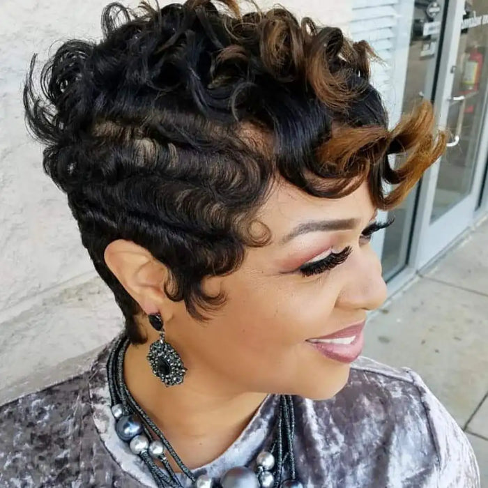 Short Afro Kinky Curly Wig with Bangs Synthetic African Glueless Fluffy Natural Grey Ombre Curly Pixie Cut Women's Party Wig