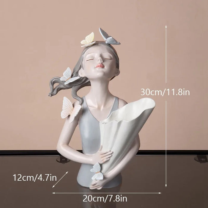 30cm Butterfly and Girl Vase Statue Handmade Modern Art Figurines Home Decoration Living Pink Room Interior Bedroom Decor Resin