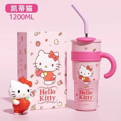 700/1200ml Sanrio Hello Kitty Cinnamoroll Thermos Cup Straw Cup with Handle Cartoon High Capacity Stainless Steel Water Cup Gift