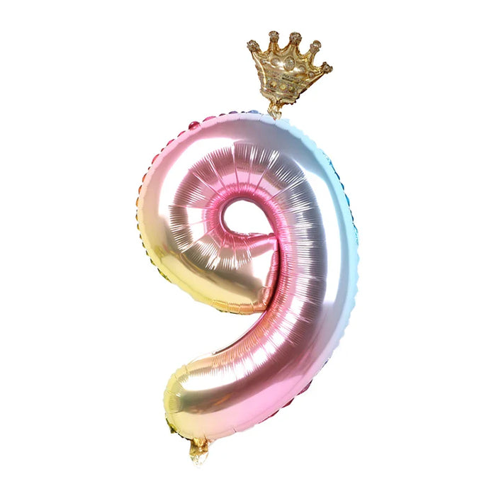 2pcs 32inch Rainbow Number Foil Balloons with Crown for Kids Boy Girl 1st Birthday Party Decorations Rose Gold Figures Globos