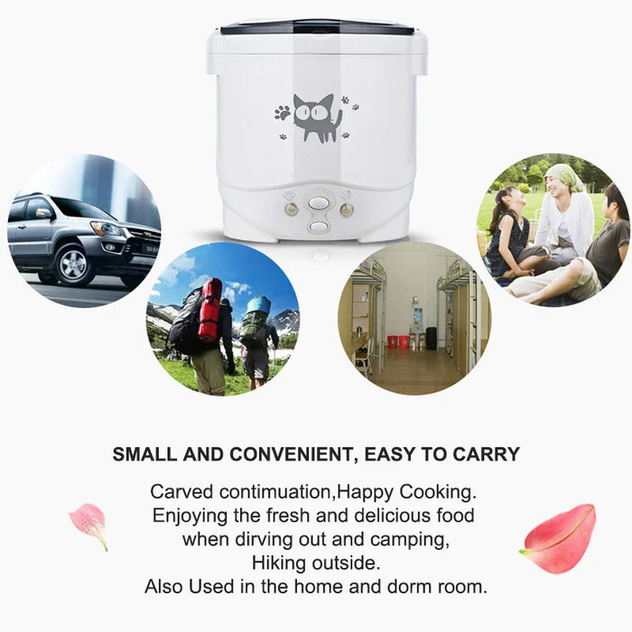 Electric Mini Rice Cooker Portable 1L Water Food Heater Machine Lunch Box Warmer 2 Persons Cooking Machine for Home Car Truck