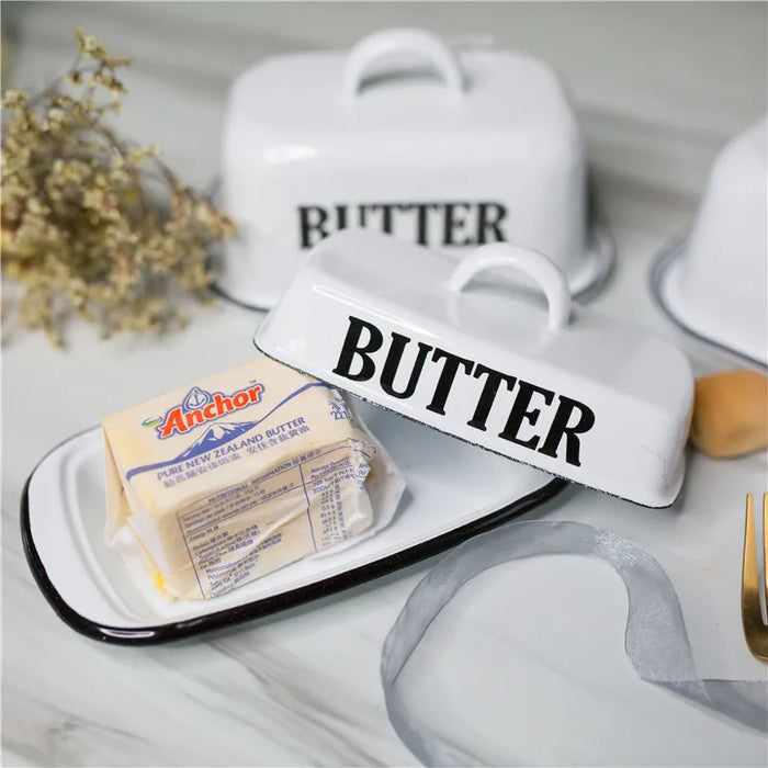 Europe style Retro Nostalgic Enamel With Lid Snack Tray Home Kitchen Tableware Butter Box Cheese Storage cheese plate