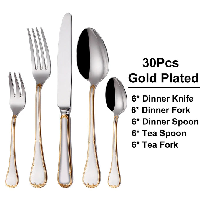 24/30 Pieces Gold Cutlery Set Complete Stainless Steel Tableaware Mirror Dinner Set Sliveware Knife Fork Spoon Kitchen Untensils