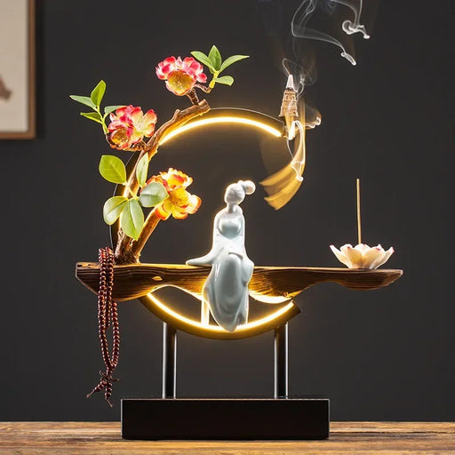 FY Chinese Style Backflow Incense Burner Plug-in LED Light with Iron Frame Incense Sticks Holder Big Size Home Decor Ornaments