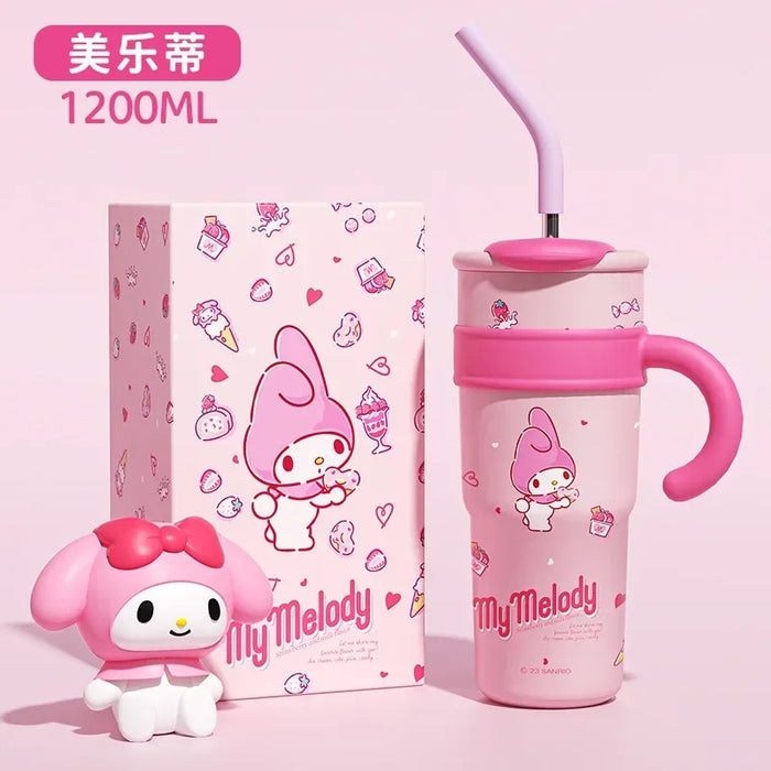 700/1200ml Sanrio Hello Kitty Cinnamoroll Thermos Cup Straw Cup with Handle Cartoon High Capacity Stainless Steel Water Cup Gift