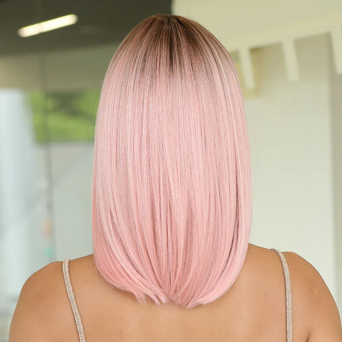 14" Soft Straight Pink Wig With Dark Roots  Synthetic Wigs With Bangs Female Bob Wigs For Women Daily Party Cosplay Use