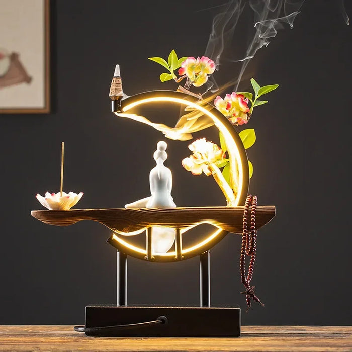 FY Chinese Style Backflow Incense Burner Plug-in LED Light with Iron Frame Incense Sticks Holder Big Size Home Decor Ornaments