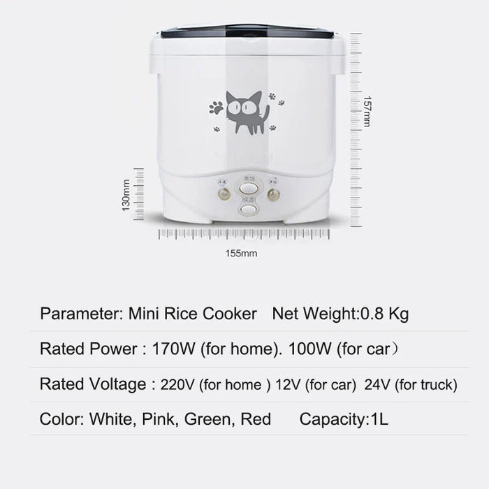 Electric Mini Rice Cooker Portable 1L Water Food Heater Machine Lunch Box Warmer 2 Persons Cooking Machine for Home Car Truck