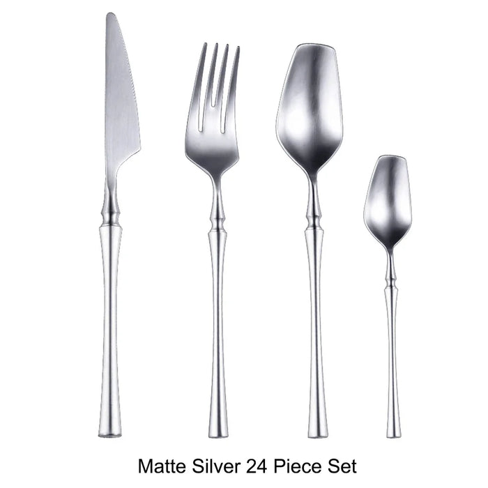 24 Pcs Mirror Matte Stainless Steel Black Gold Silver Cutlery Dinnerware Tableware Knife Spoon Fork Flatware Set Dishwasher Safe