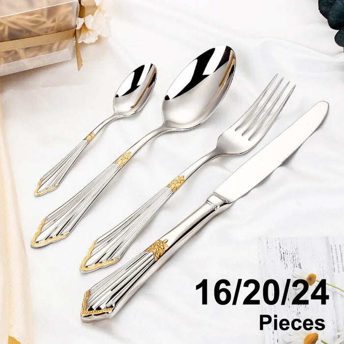 8/12/16/20/24Pcs Gold Plated Cutlery Stainless Steel Tableware Luxury Dinner Set Sliver Knife Fork Spoon Mirror Kitchen Utensils