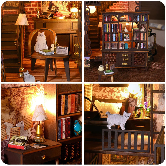 DIY Book Nook Kit with LED Lights 3D Wooden Puzzle Book House Building Kit Table Frame Decoration Doll House Diorama Ornaments