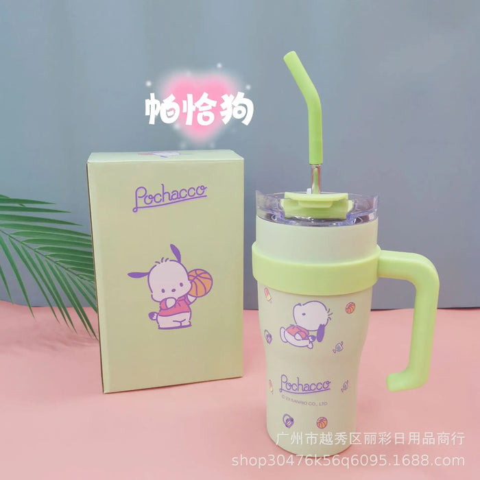 700/1200ml Sanrio Hello Kitty Cinnamoroll Thermos Cup Straw Cup with Handle Cartoon High Capacity Stainless Steel Water Cup Gift