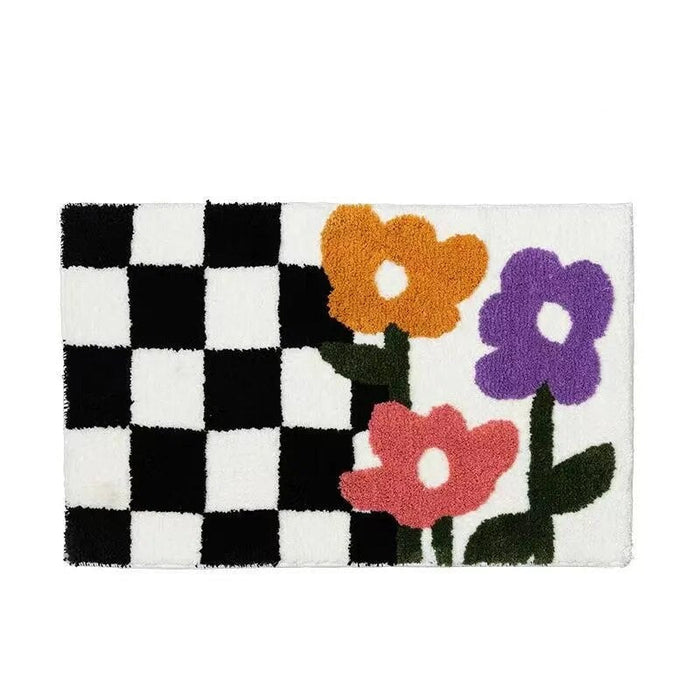 Retro Chessboard Plaid Bath Mats Fluffy Grids, Checkerboard Mat for Bathroom