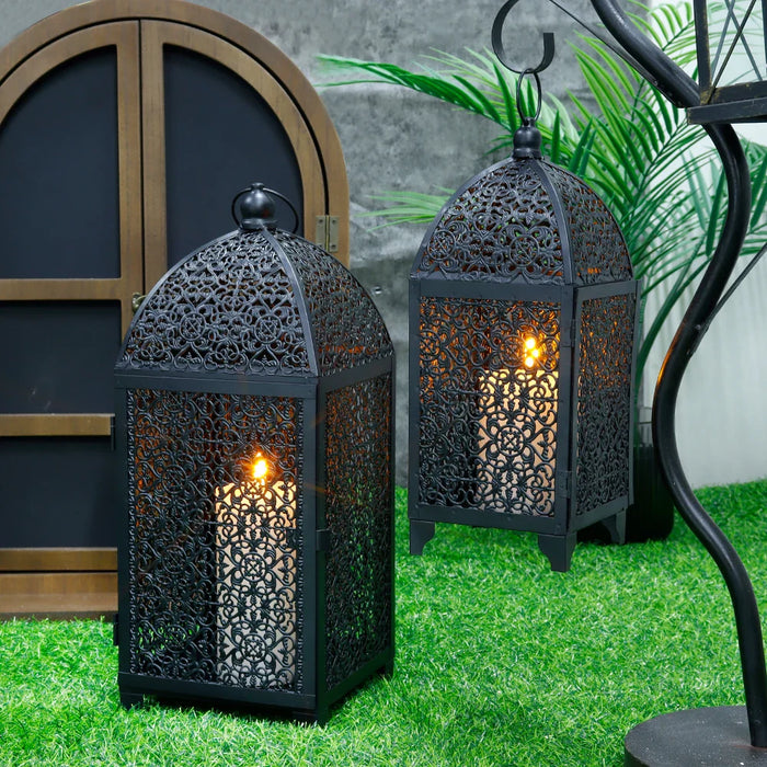 2Pcs Metal Candle Holder Black Candle Lantern Decorative Hanging Lantern with Hollow Pattern for Party Garden Indoors Outdoors