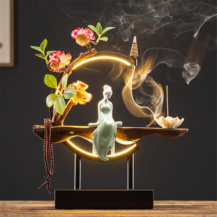 Ceramic Maid Wood Backflow Incense Burner with 20 cone USB Led Light Circle Lotus Buddha Beads Home Office Decoration Furnishing