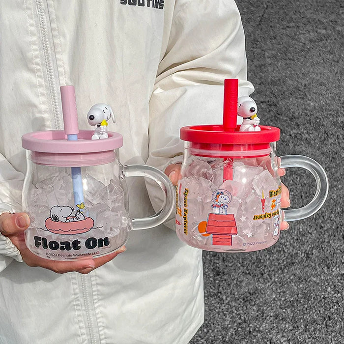 850ML Anime Snoopy Straw Cup with Handle Glass Cup Home Boiling Water Cup Women's Large Capacity Cup Straw Cute Coffee Milk Cup