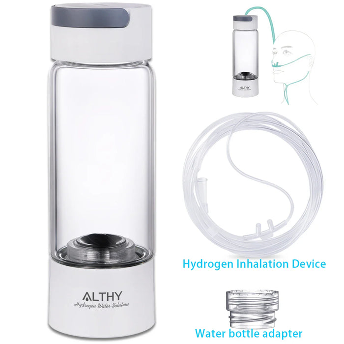 ALTHY Molecular Hydrogen Rich Water Generator Bottle - Glass Cupbody - DuPont SPE PEM Dual Chamber lonizer- H2 Inhalation Device