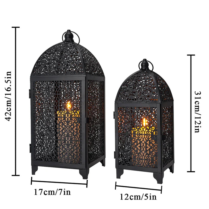 2Pcs Metal Candle Holder Black Candle Lantern Decorative Hanging Lantern with Hollow Pattern for Party Garden Indoors Outdoors