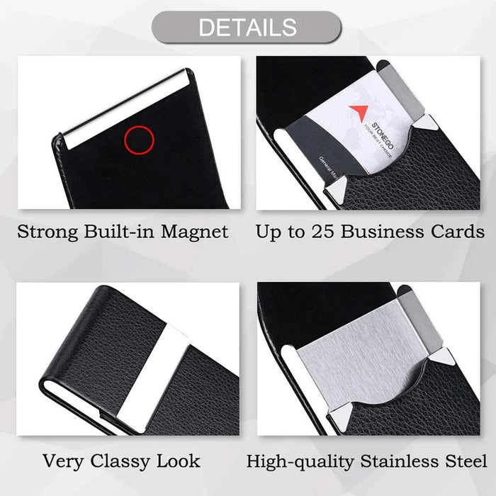 Business Card Holder Case - Slim PU Leather Metal Pocket Card Holder with Magnetic Shut, Name Card Holder