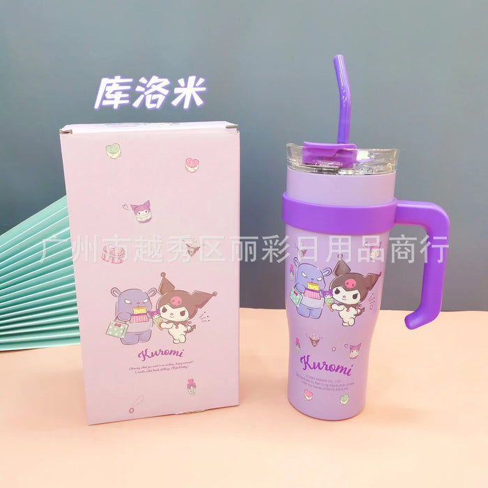 700/1200ml Sanrio Hello Kitty Cinnamoroll Thermos Cup Straw Cup with Handle Cartoon High Capacity Stainless Steel Water Cup Gift