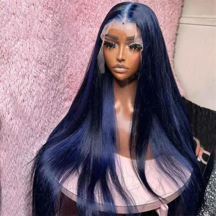 MXWIGS Dark Blue Color Soft Straight Synthetic 13X4 Lace Front Wig For Women Baby Hair 180%Density Glueless Preplucked  Cosplay