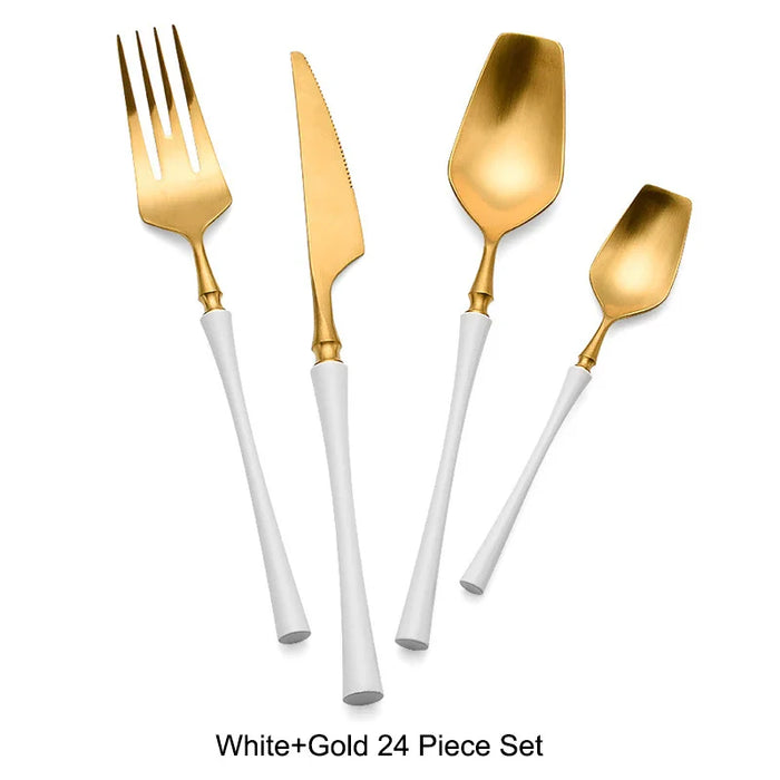 24 Pcs Mirror Matte Stainless Steel Black Gold Silver Cutlery Dinnerware Tableware Knife Spoon Fork Flatware Set Dishwasher Safe