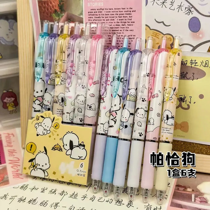 6Pcs Sanrio Gel Pen Hello Kitty Cartoon Kuromi ST Quick Drying Black 0.5mm Press The Ballpoint Pen Learning Stationery Gifts