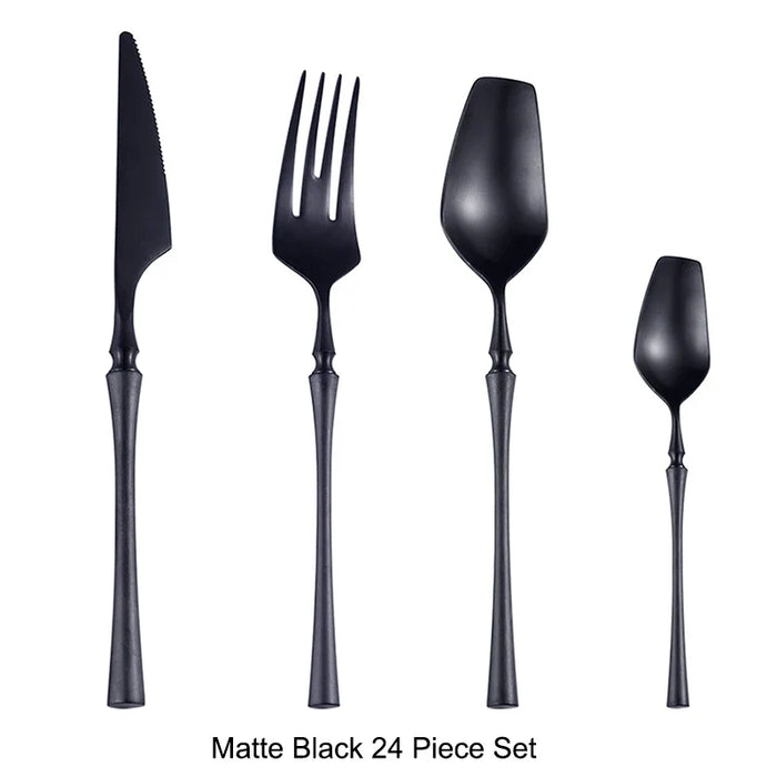 24 Pcs Mirror Matte Stainless Steel Black Gold Silver Cutlery Dinnerware Tableware Knife Spoon Fork Flatware Set Dishwasher Safe