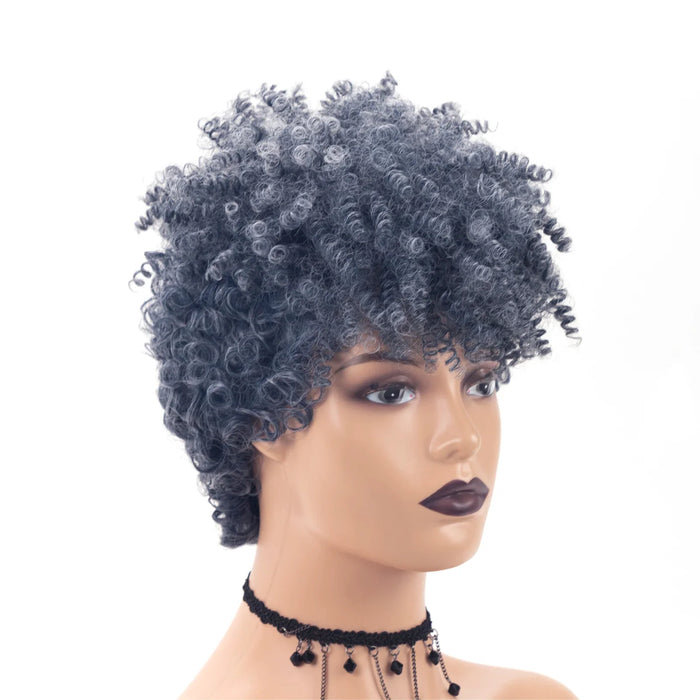 Short Afro Kinky Curly Wig with Bangs Synthetic African Glueless Fluffy Natural Grey Ombre Curly Pixie Cut Women's Party Wig