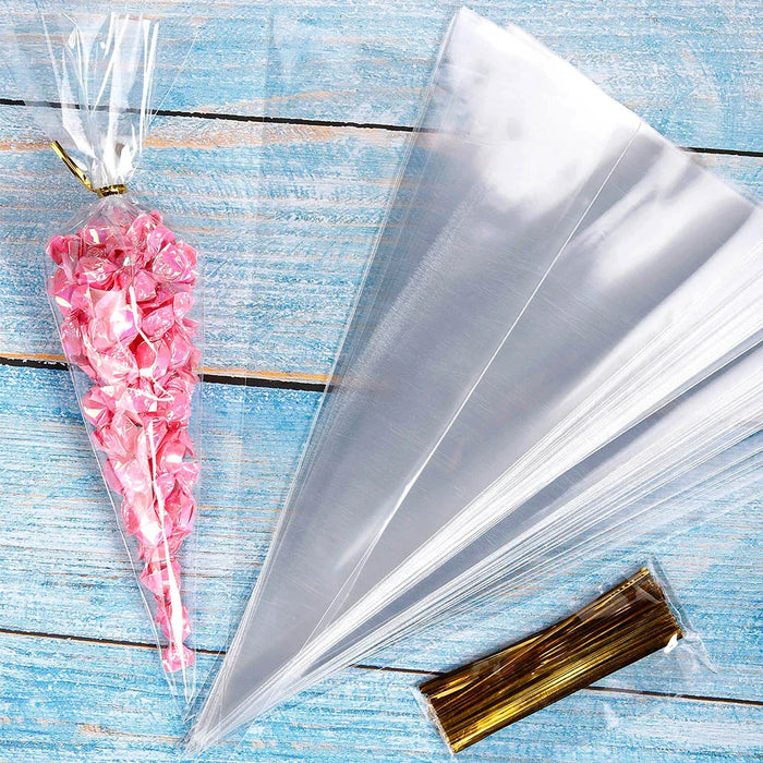 50pcs Candy Bags Cellophane Popcorn Bags Cone Cookies Storage Bags with Gold Twist Ties Wedding Birthday Party Favors