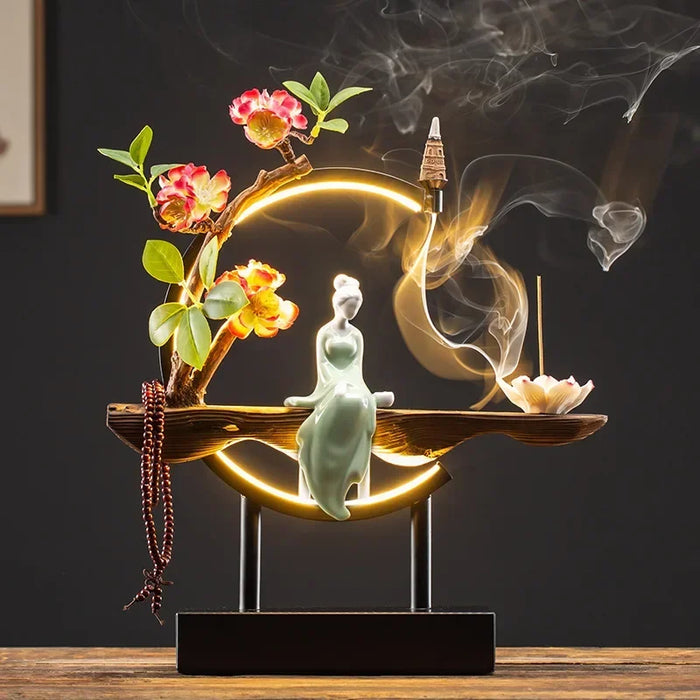 FY Chinese Style Backflow Incense Burner Plug-in LED Light with Iron Frame Incense Sticks Holder Big Size Home Decor Ornaments