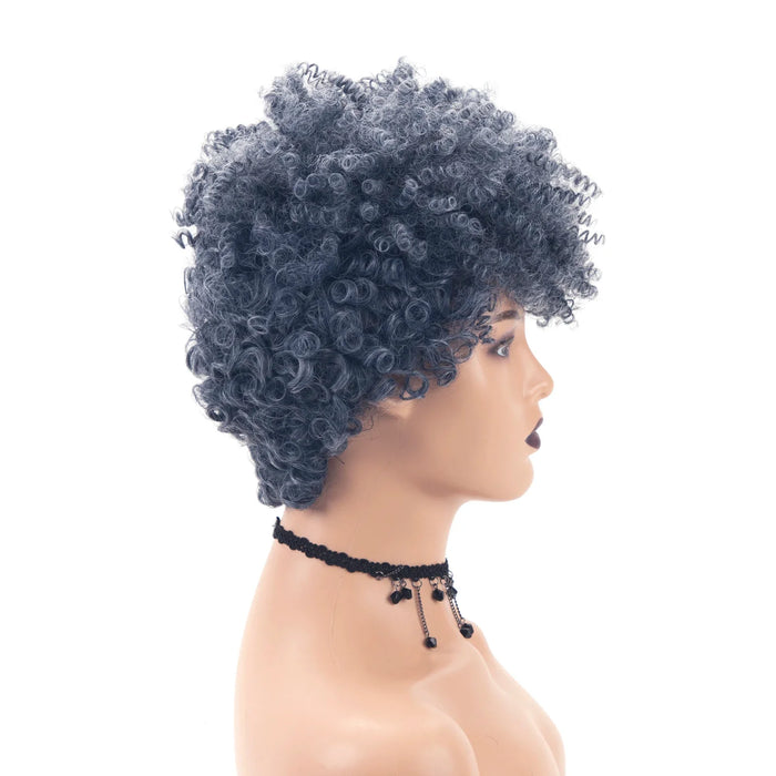 Short Afro Kinky Curly Wig with Bangs Synthetic African Glueless Fluffy Natural Grey Ombre Curly Pixie Cut Women's Party Wig