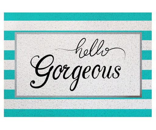 Feblilac Hello Gorgeous Blue Stripe Door Mat, Quotation Welcome Doormat, Anti Skid PVC Coil Outdoor Mats, Front Mat for Home, Washable Entryway Doormat