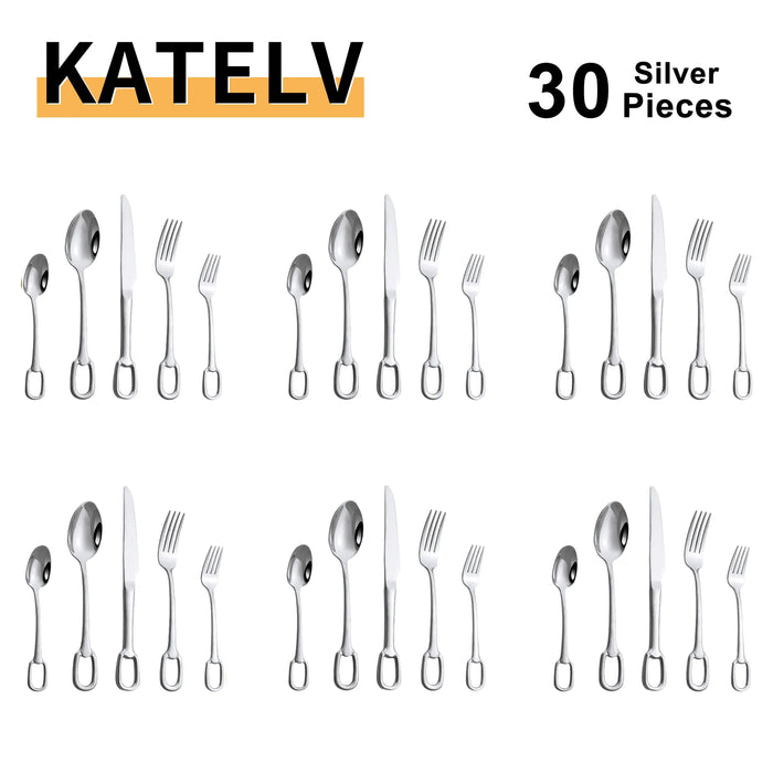 30Pcs Luxury Tableware Set 304 Stainless Steel Knife Fork Spoon Cutlery Set Elegant Dinnerware Set Creativity Hangable Design