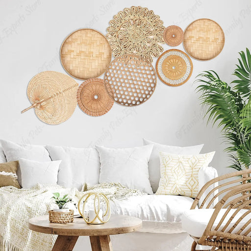 8pcs Natural Wall Basket Decor Boho Rattan Round Wall Decor Handmade Farmhouse Wall Hanging Decor for Bedroom Living Baby Room