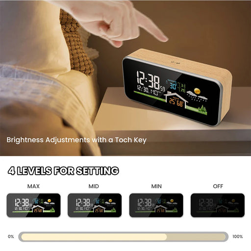 Alarm Clock Digital Surface Wall Decor Time Date Week Temperature Humidity Weather Forecast Wireless Table Desk Watch Wood Clock