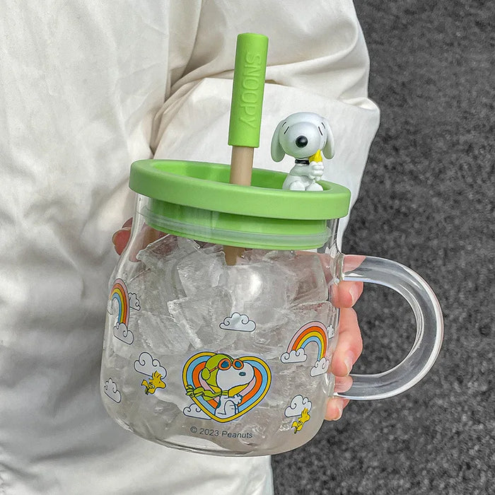 850ML Anime Snoopy Straw Cup with Handle Glass Cup Home Boiling Water Cup Women's Large Capacity Cup Straw Cute Coffee Milk Cup