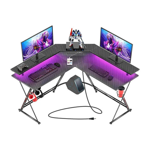 Chulovs Gaming Desk 50.4” with LED Strip & Power Outlets, L-Shaped Computer Corner Desk Carbon Fiber Surface with Monitor Stand