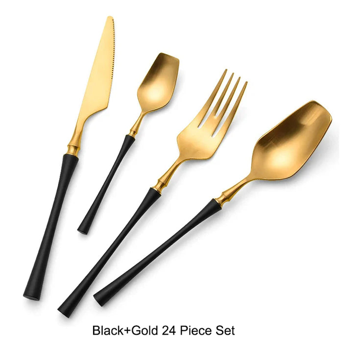 24 Pcs Mirror Matte Stainless Steel Black Gold Silver Cutlery Dinnerware Tableware Knife Spoon Fork Flatware Set Dishwasher Safe