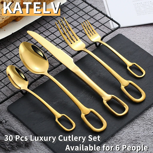 30Pcs Luxury Tableware Set 304 Stainless Steel Knife Fork Spoon Cutlery Set Elegant Dinnerware Set Creativity Hangable Design