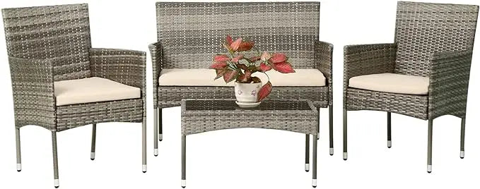 FDW Patio Furniture Set 4 Pieces Outdoor Rattan Chair Wicker Sofa Garden Conversation Bistro Sets for Yard,Pool or Backyard