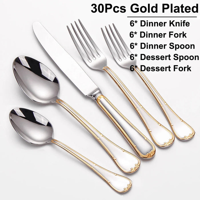 24/30 Pieces Gold Cutlery Set Complete Stainless Steel Tableaware Mirror Dinner Set Sliveware Knife Fork Spoon Kitchen Untensils