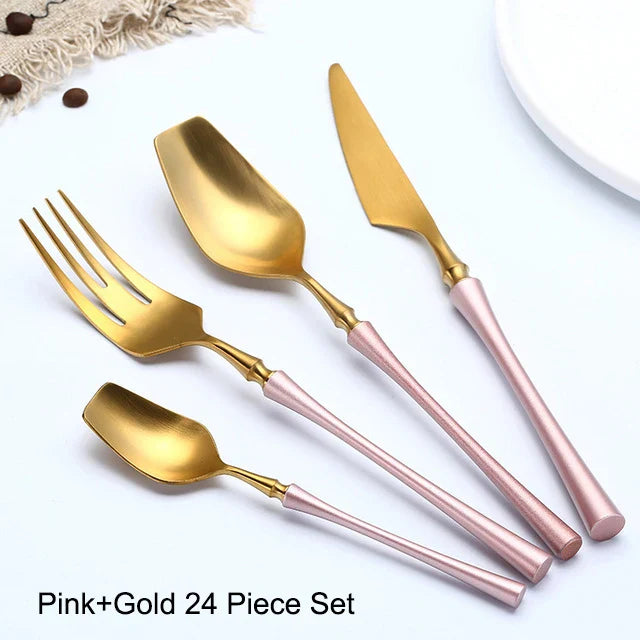 24 Pcs Mirror Matte Stainless Steel Black Gold Silver Cutlery Dinnerware Tableware Knife Spoon Fork Flatware Set Dishwasher Safe