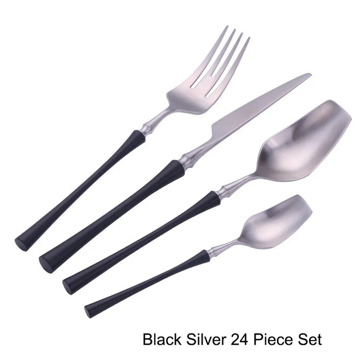 24 Pcs Mirror Matte Stainless Steel Black Gold Silver Cutlery Dinnerware Tableware Knife Spoon Fork Flatware Set Dishwasher Safe