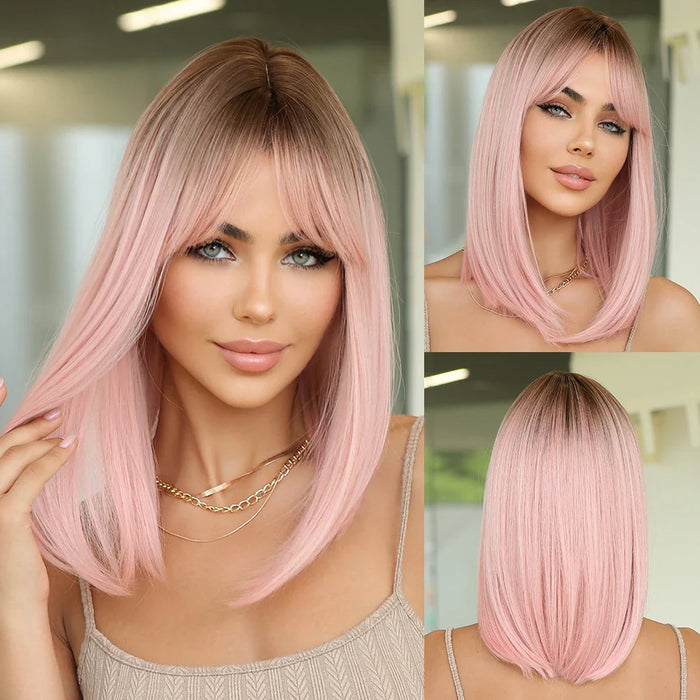 14" Soft Straight Pink Wig With Dark Roots  Synthetic Wigs With Bangs Female Bob Wigs For Women Daily Party Cosplay Use