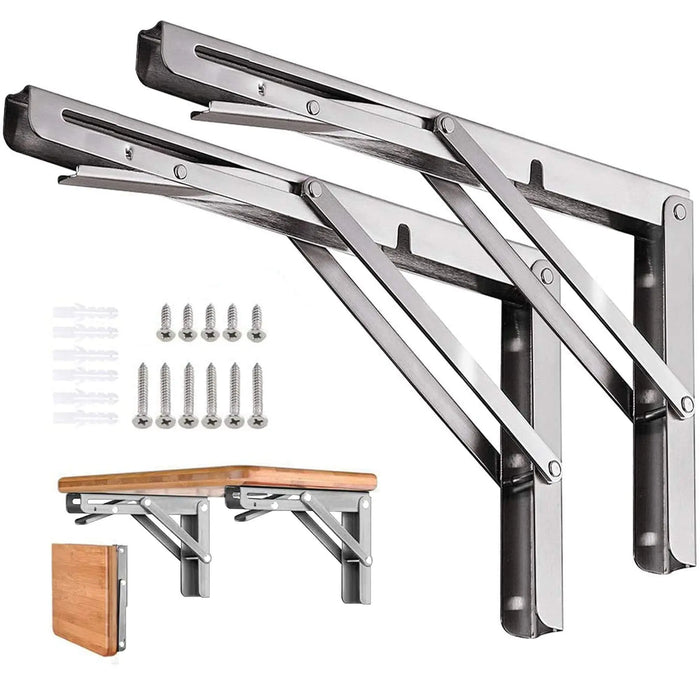 2pc Folding Shelf Brackets Heavy Duty Stainless Steel DIY Wall Mounted Collapsible Furniture Space Saving for Garage Workstation