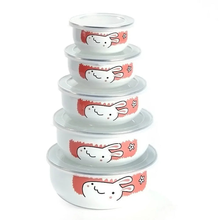 5Pcs/ enamel bowl Set Creative Flower Animal Enamel Bowls Salad Food Bowls with Plastic Covers for Home Kitchen ceramic bowl