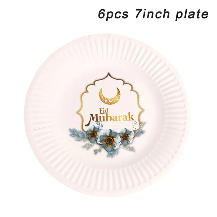 Eid Mubarak Plates Banner Balloon Tableware Ramadan Decoration 2024 Ramadan Kareem Islamic Muslim Party Decor Eid Al Adha Gifts