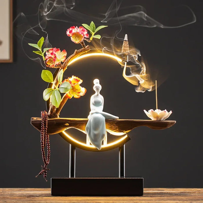 FY Chinese Style Backflow Incense Burner Plug-in LED Light with Iron Frame Incense Sticks Holder Big Size Home Decor Ornaments