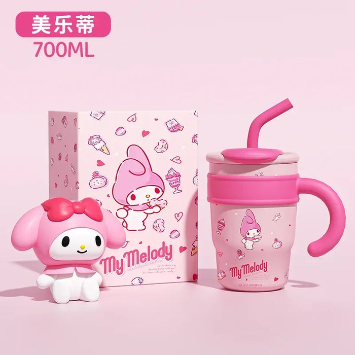 700/1200ml Sanrio Hello Kitty Cinnamoroll Thermos Cup Straw Cup with Handle Cartoon High Capacity Stainless Steel Water Cup Gift